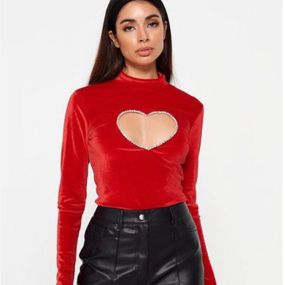NWT Rare London Beautiful velvet stretch red rhinestone heart long sleeve shirt.